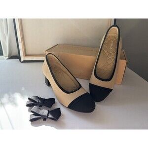 VIVAIA Julie Pro Knit Block Heel Pumps Nude Black Cap Toe box bows EU 37.5 US 7